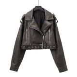 Women Leather Jacket Pu Coat Zipper Slim-Fit Crop-Top