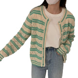 Women Knitwear Autumn Striped round Neck Sweater Loose Knitted Cardigan