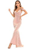 Women Evening Gown Sexy Backless Spaghetti Straps Sequins Dress