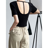 Women T Shirt Back Hollow-out Shoulder Short Sleeve T-shirt Slim Fit Short Bottoming Top