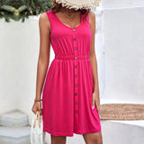 Women Dress Spring and Summer Sleeveless Button round Neck off-the-Shoulder Dress