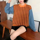 Women Knitwear Fall Winter Cowboy Sleeve Houndstooth round Neck Sweater Loose Style Sweater