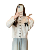 Women Knitted Cardigan with Bow round Neck Long Sleeve Sweater Loose Single-Breasted Knitted Cardigan