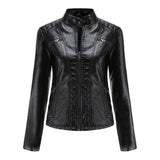Red Leather Jacket Casual Leather Clothing Stand Collar Jacket Solid Color Women's Leather Jacket