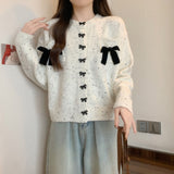 Women Knitted Cardigan with Bow round Neck Long Sleeve Sweater Loose Single-Breasted Knitted Cardigan