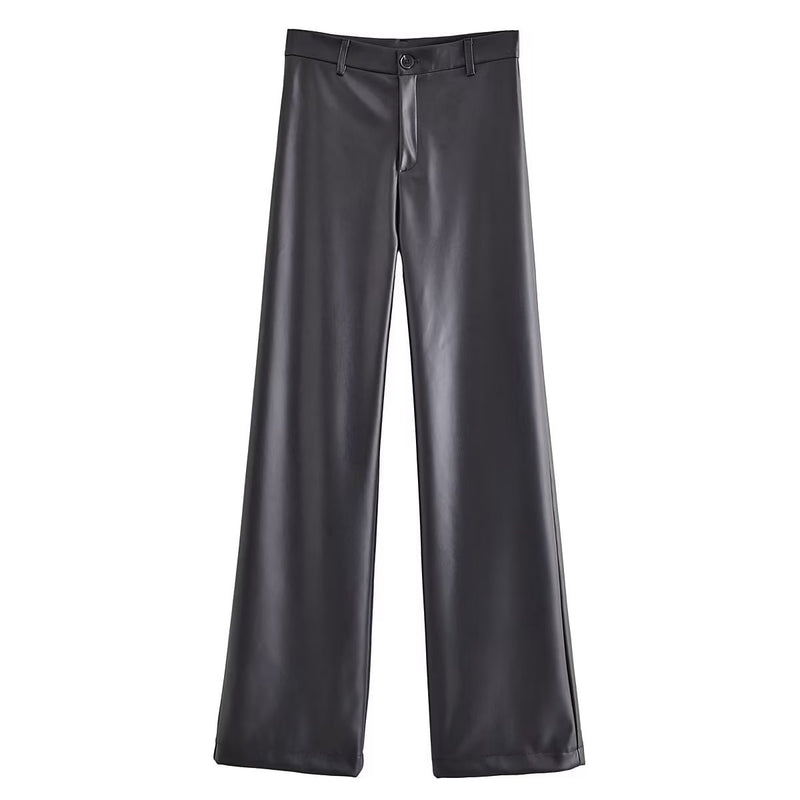 Women Sweatpants Autumn Straight Wide-Leg Pants PU Trousers