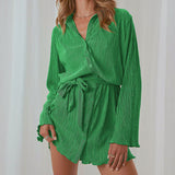 Women Dress Green V-neck Spring Lace-up Dress Short Skirt