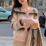 Women Knitwear Autumn and Winter Striped round Neck Sweater Slim-Fit Knitted Cardigan