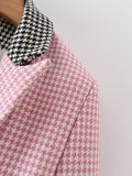 Women Suits Autumn Leisure Double Breasted Houndstooth Color Block Blazer