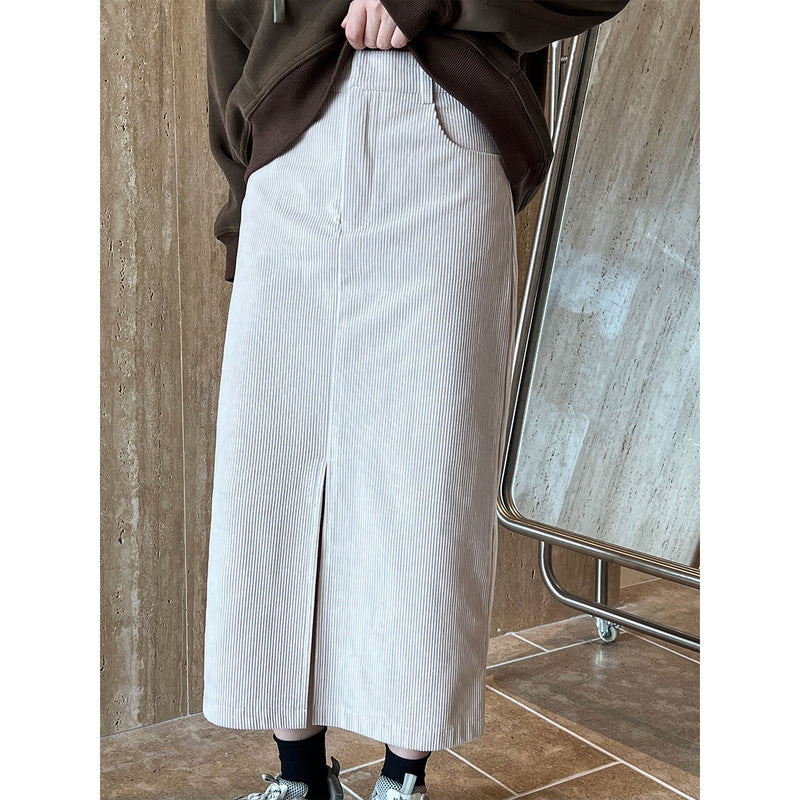Women Skirt Vintage Corduroy Skirt Autumn and Winter Slit Sheath Skirt