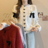 Women Knitted Cardigan with Bow round Neck Long Sleeve Sweater Loose Single-Breasted Knitted Cardigan