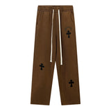 Men Sweatpants Embroidered Cross Casual Trousers Loose Straight Sports Trousers with an Elasticated Waist