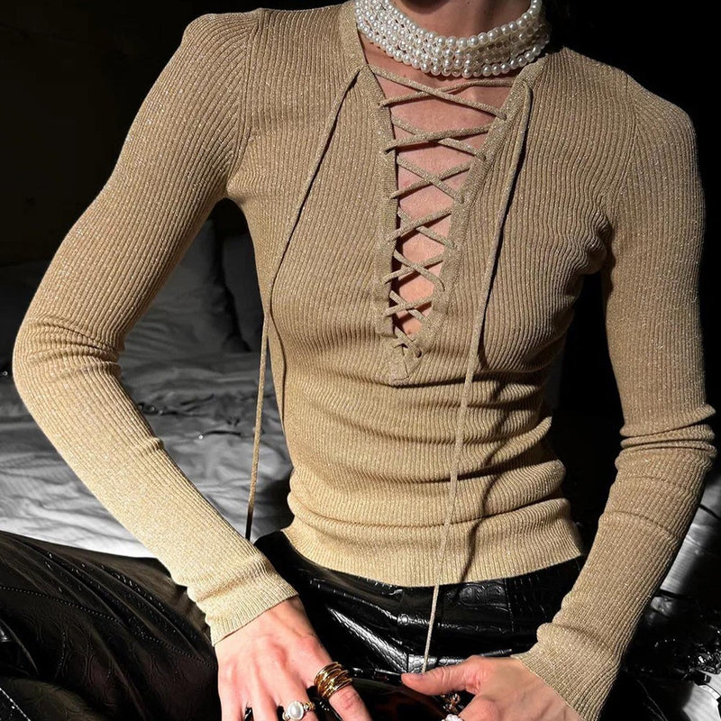 Ladies Leisure Knitwear Sexy Long Sleeve V-neck Lace up Top for Women Fil-Lumiere Knitwear