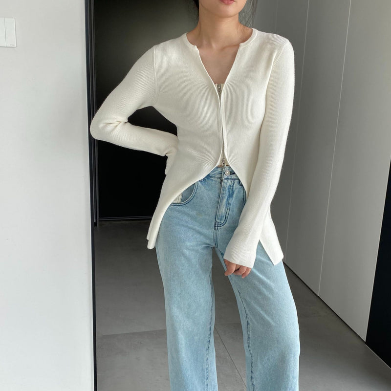 Women Cardigan Sweater V-neck Sweater Long Zipper Cardigan Long Sleeve Top 8t8315