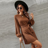 Women Dress Long Sleeve Twist Knitted Dress Puff Sleeve Casual Skirt