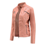 Red Leather Jacket Casual Leather Clothing Stand Collar Jacket Solid Color Women's Leather Jacket
