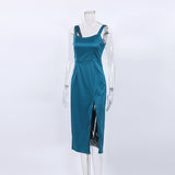 Women Dress Red Elegant Square Collar Satin Sexy Slit Dress 2