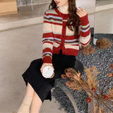 Women Knitwear Autumn and Winter Striped round Neck Sweater Slim-Fit Knitted Cardigan