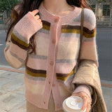 Women Knitwear Autumn and Winter Striped round Neck Sweater Slim-Fit Knitted Cardigan