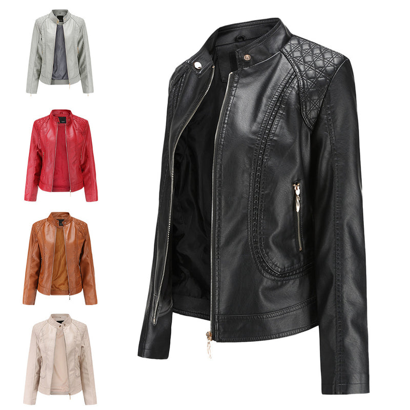 Red Leather Jacket Spring and Autumn Women's Leather Jacket Stand Collar PU Leather Women's Leather Jacket