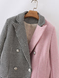 Women Suits Autumn Leisure Double Breasted Houndstooth Color Block Blazer