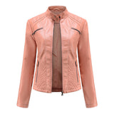Red Leather Jacket Casual Leather Clothing Stand Collar Jacket Solid Color Women's Leather Jacket