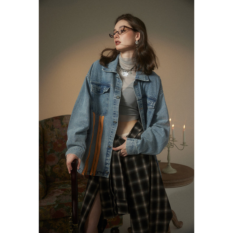 Unisex Jacket Retro Washed Denim Jacket Zipper Men and Women Loose Overalls