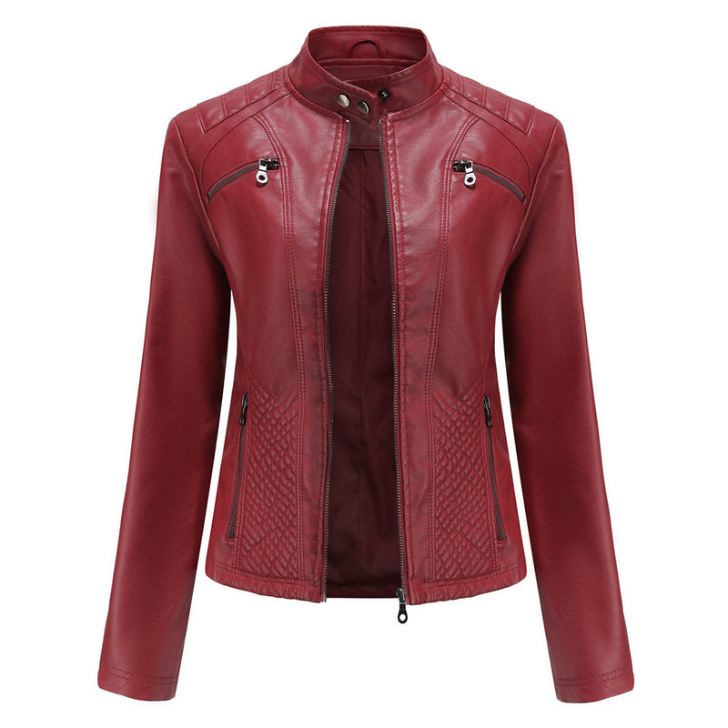 Red Leather Jacket Casual Leather Clothing Stand Collar Jacket Solid Color Women's Leather Jacket