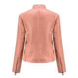 Red Leather Jacket Casual Leather Clothing Stand Collar Jacket Solid Color Women's Leather Jacket