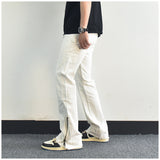 Men Jeans Zipper Slit Slightly Flared Casual Pants Loose Cargo Pants