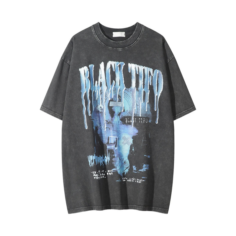 Men Vintage T-Shirt Printed Short-Sleeved T-shirt Men's Leisure Washed-out Distressed round Neck