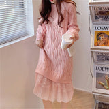 Women Knitwear Autumn and Winter Long Lace Stitching Sweaters Dress
