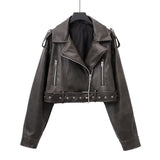 Women Leather Jacket Pu Coat Zipper Slim-Fit Crop-Top
