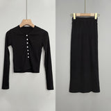 Women's Dresses Two-Piece Suit Women's V-neck Buttons Long-Sleeved Cardigan Hip Skirt