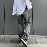 Men Jeans Retro Washed Ripped Embroidered Slim Straight Jeans