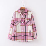 Women Jacket Fall Lapels Long Sleeve Cardigan Loose Plaid Shirt Coat