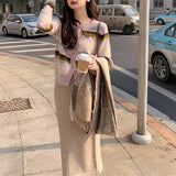 Women Knitwear Autumn and Winter Striped round Neck Sweater Slim-Fit Knitted Cardigan