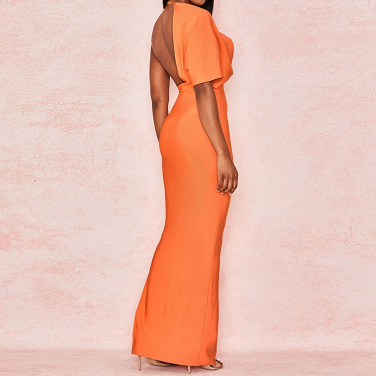 Harlem Night Attire Exposed Back V-neck Orange Single Sleeve Slit Evening Dress Dress