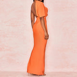 Harlem Night Attire Exposed Back V-neck Orange Single Sleeve Slit Evening Dress Dress