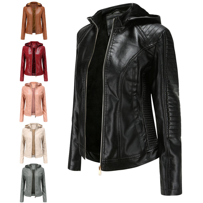 Red Leather Jacket Fleece-Lined Women's Leather Jacket Women's Hooded Autumn and Winter Short Coat Warm Leisure Women's Jacket
