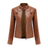 Red Leather Jacket Casual Leather Clothing Stand Collar Jacket Solid Color Women's Leather Jacket