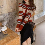 Women Knitwear Autumn and Winter Striped round Neck Sweater Slim-Fit Knitted Cardigan