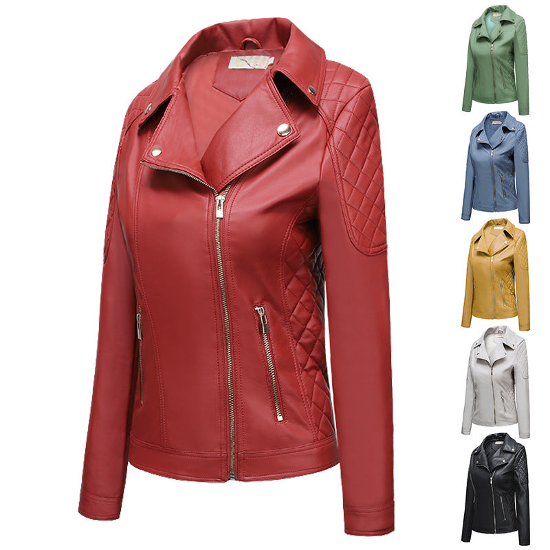 Red Leather Jacket Lapel Casual Women's Leather Jacket