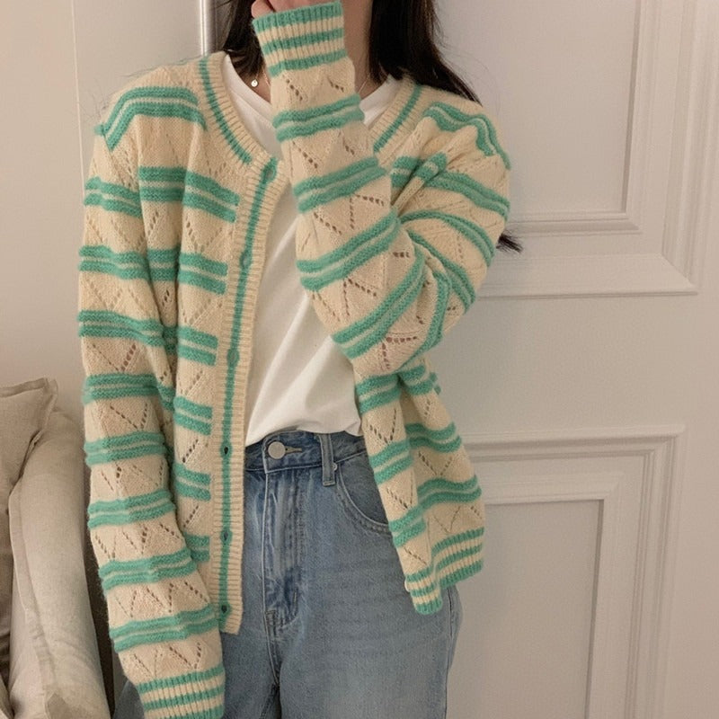 Women Knitwear Autumn Striped round Neck Sweater Loose Knitted Cardigan