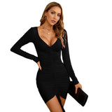 Women Dress Sexy V-neck Sheath Knitted Long-Sleeved Dress Skirt