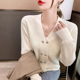 Women Knitwear Autumn Double Breasted V-neck Sweater Loose Knitted Cardigan