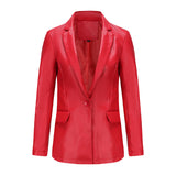 Red Leather Jacket Long-Sleeved Coat Women's Single Button Casual Solid Color Leather Coat