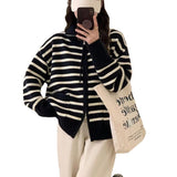Women Knitted Cardigan Stand Collar Double Zipper Striped Knitted Cardigan