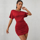 Women Dress Knitted Short Sleeve Sexy Hip Skirt Dress