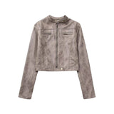 Women Jacket Vintage Distressed Jacket Slim Stand Collar Faux Deerskin Motorcycle Jacket
